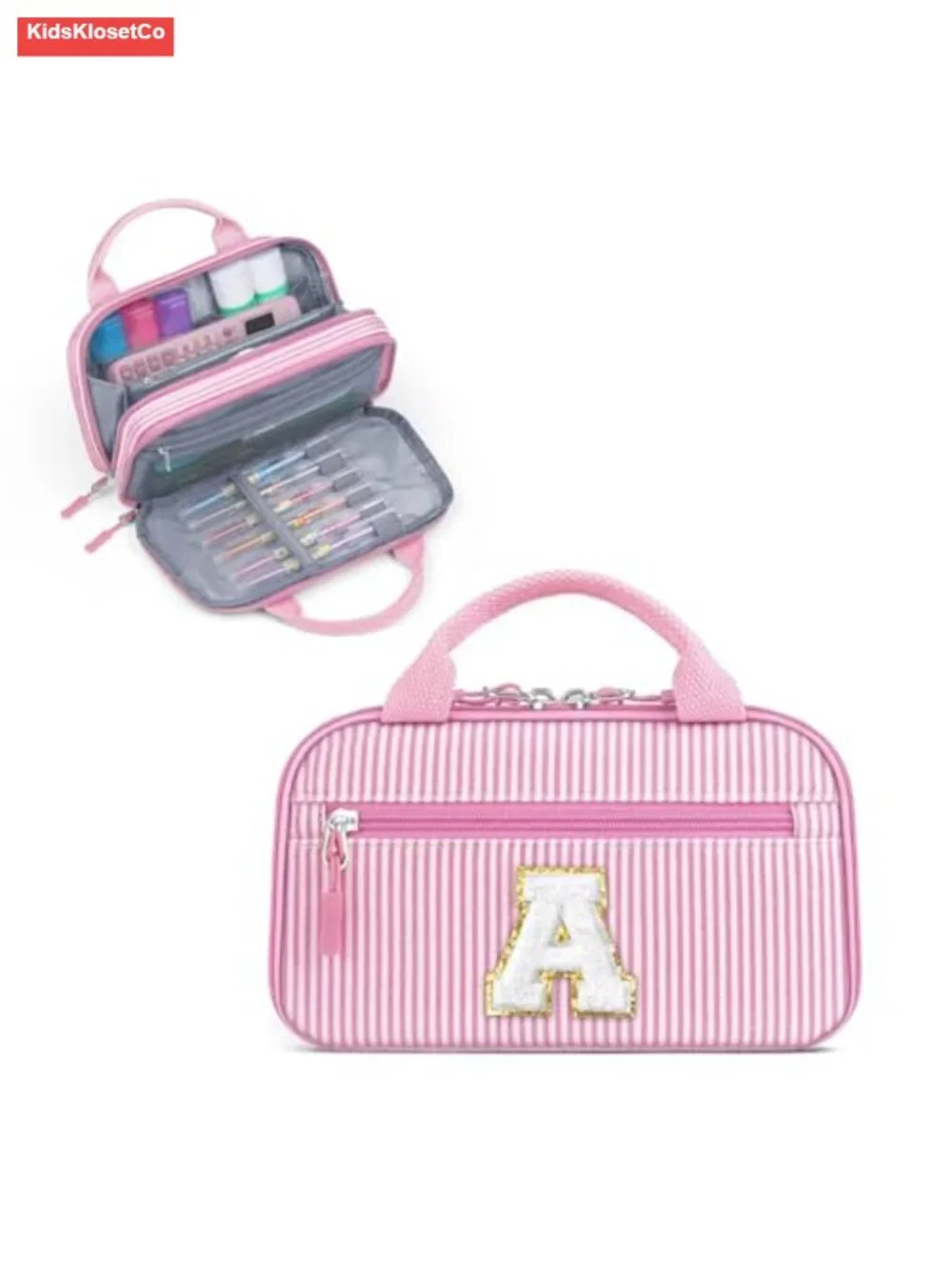 Large Capacity Pink Pencil Case with Letter Embroidery, Multi-Compartment
